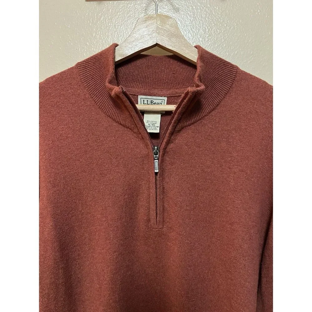 LL Bean Sweater Cashmere Cotton Blend Burnt Orange Pullover 1/4 Zip Mens Size XL